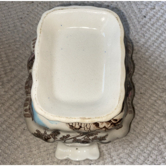 Vintage Transferware Brown Blue Castle Scene Sauce Gravy Tureen Staffordshire - Picture 8 of 13